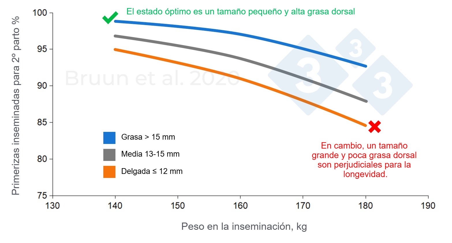 <p>Relación entre el peso y el espesor de grasa dorsal de la primeriza en la primera cubrición y su vida productiva y longevidad. Bruun et al. (2020): Informe de ensayo n.º 1206, SEGES Innovation</p>